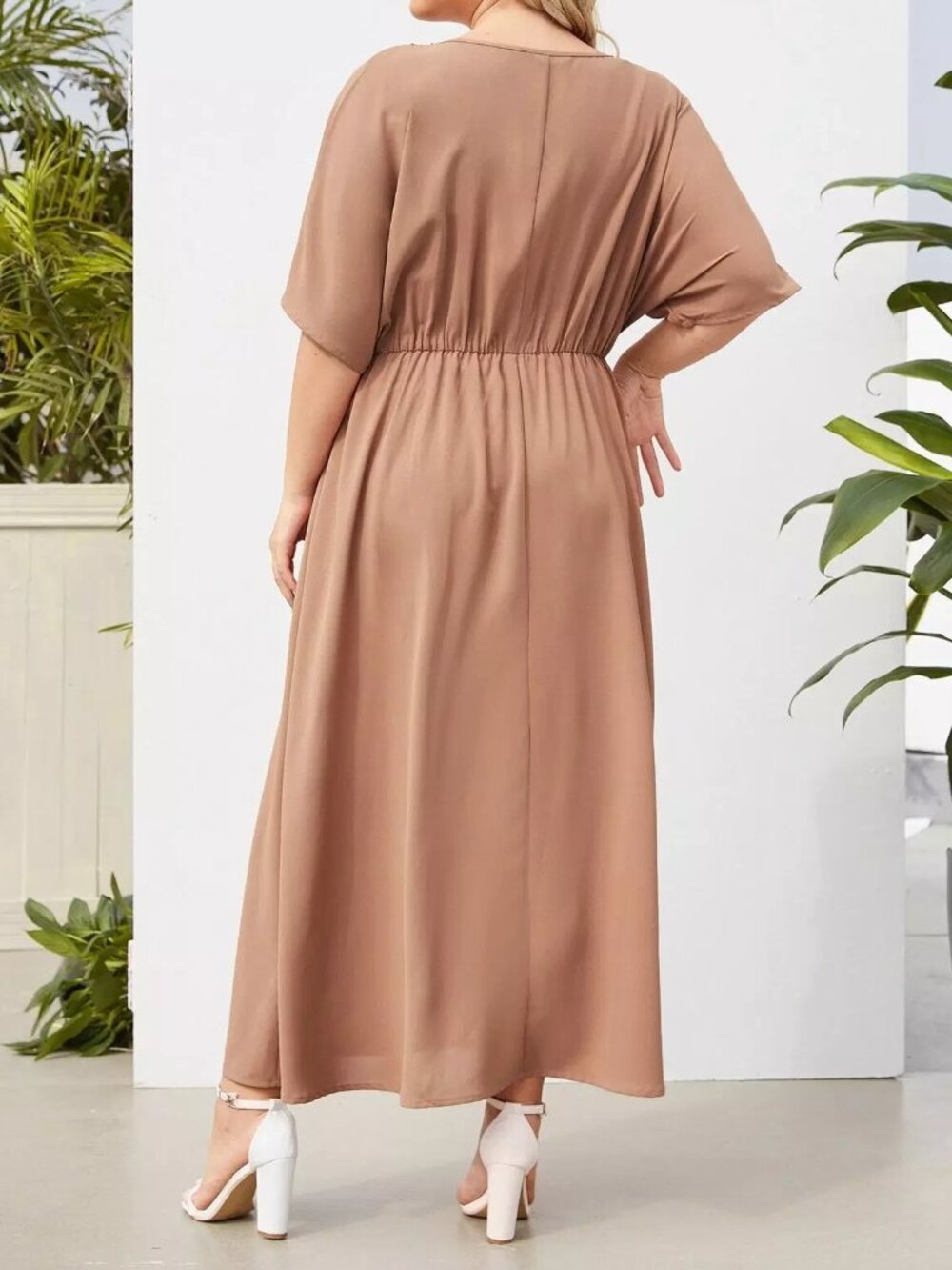 SHEIN Curve 0XL Camel Brown V-Neck Black Lace Trim Boho Midi Dress Plus Size - Picture 5 of 10